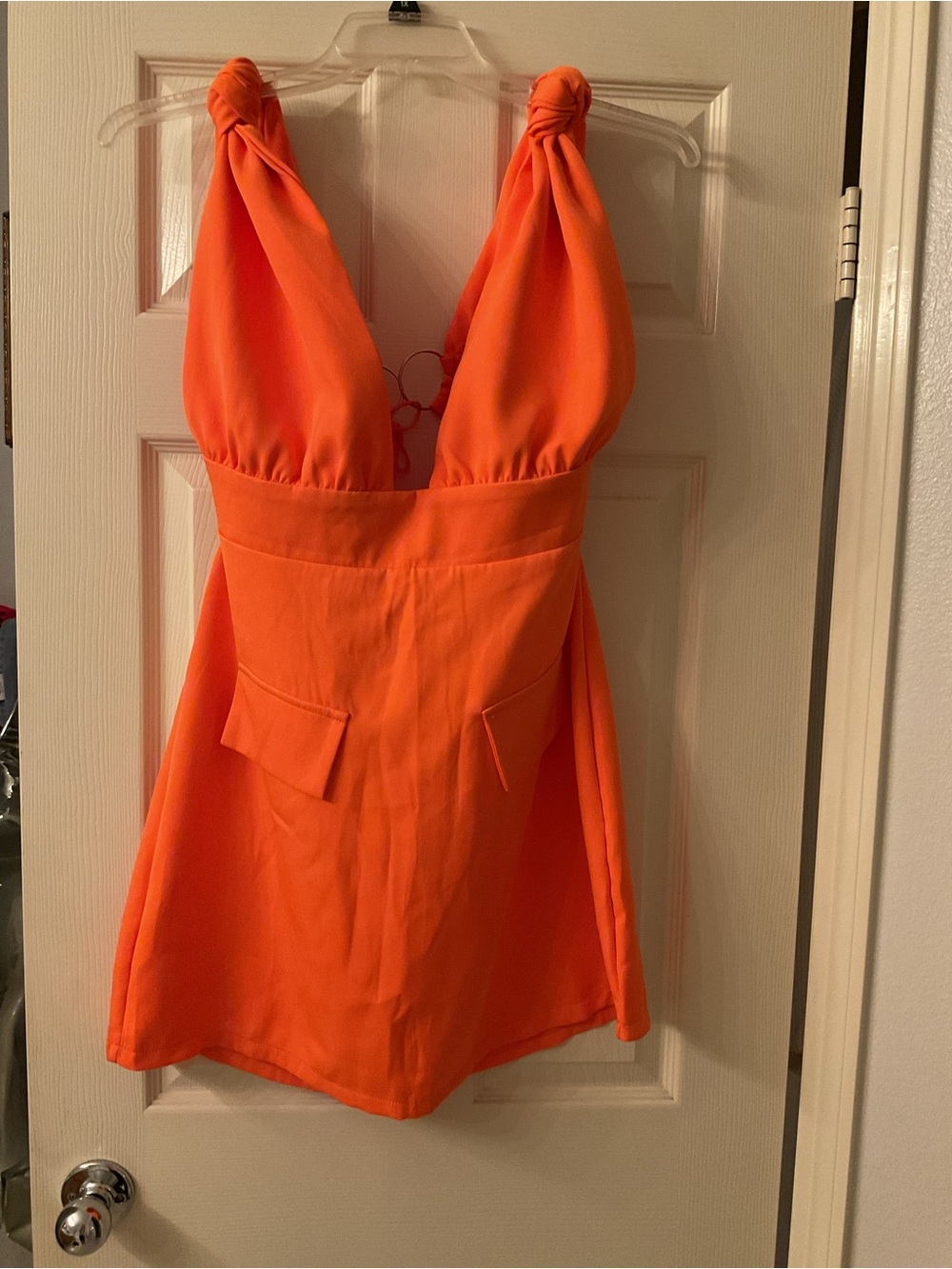 Knot-Shoulder V-Neck Midi Dress in Bright Orange